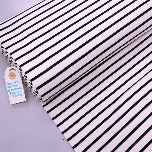 60cm Remnant Cotton Elastane Dressmaking French Terry - Breton Stripe - Cream and Dark Navy